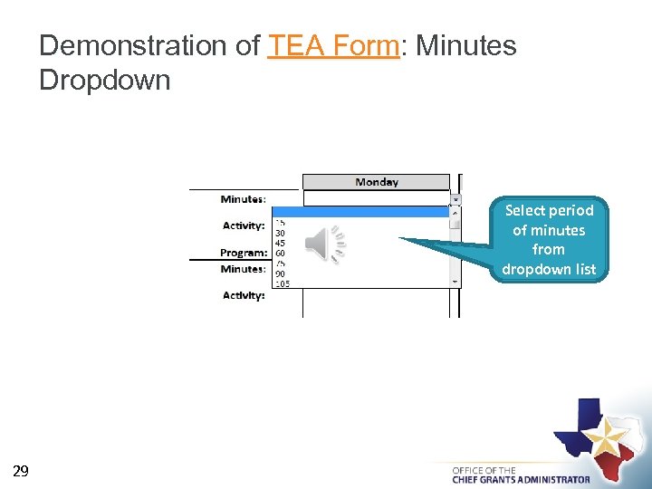 Demonstration of TEA Form: Minutes Dropdown Select period of minutes from dropdown list 29