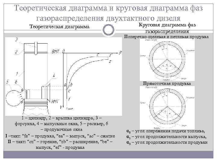 Теоретическая диаграмма и круговая диаграмма фаз газораспределения двухтактного дизеля Теоретическая диаграмма Круговая диаграмма фаз