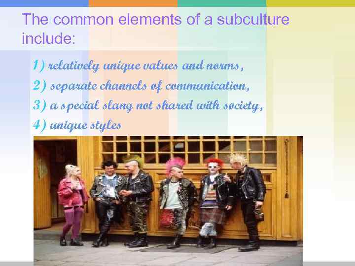 The common elements of a subculture include: 1) relatively unique values and norms, 2)