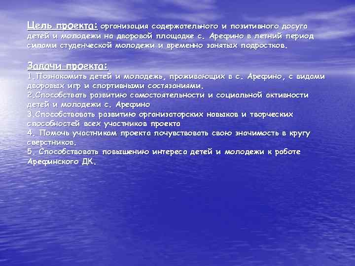 Цель проекта: организация содержательного и позитивного досуга детей и молодежи на дворовой площадке с.