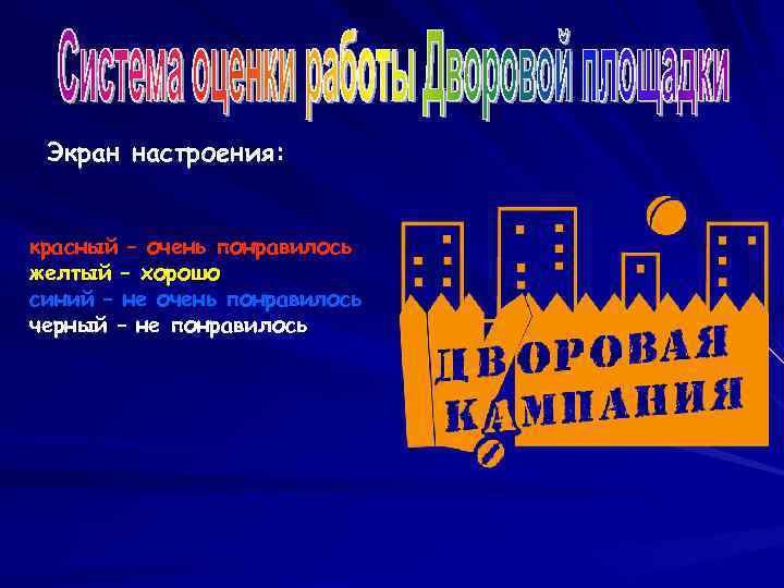 Экран настроения: красный – очень понравилось желтый – хорошо синий – не очень понравилось