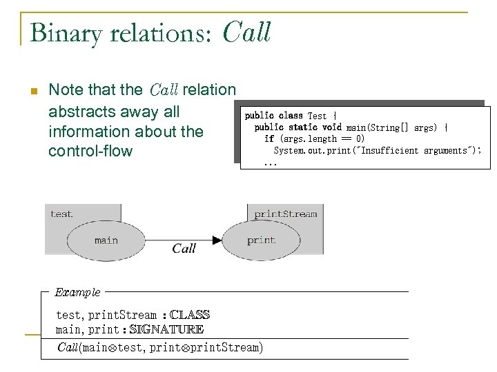 Binary relations: Call n Note that the Call relation abstracts away all information about