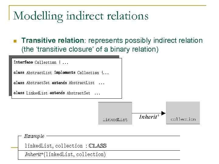 Modelling indirect relations n Transitive relation: represents possibly indirect relation (the ‘transitive closure’ of