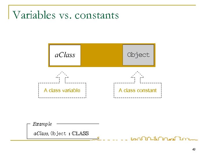Variables vs. constants A class variable A class constant Example a. Class, Object :
