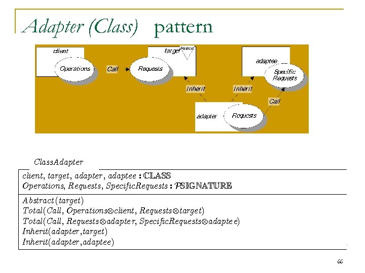 Adapter (Class) pattern Class. Adapter client, target, adapter, adaptee : CLASS Operations, Requests, Specific.