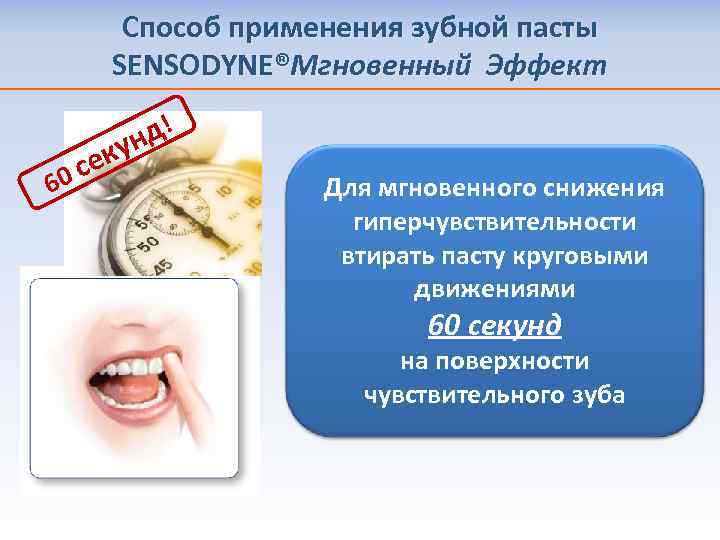 Способ применения зубной пасты SENSODYNE®Мгновенный Эффект 6 д! ун сек 0 Для мгновенного снижения