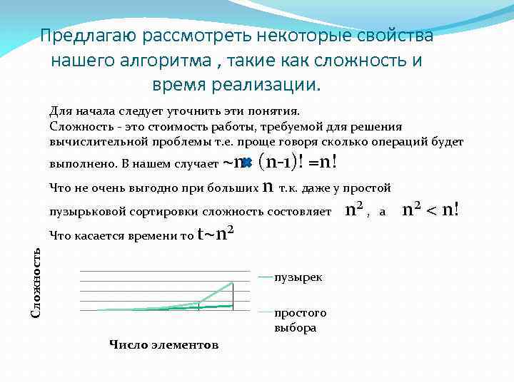 Предлагаю рассмотреть некоторые свойства нашего алгоритма , такие как сложность и время реализации. Для