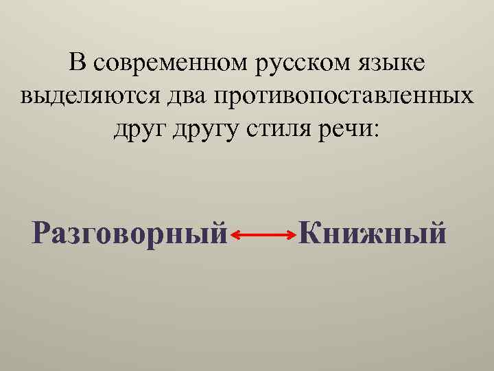 В современном русском языке выделяются два противопоставленных другу стиля речи: Разговорный Книжный 