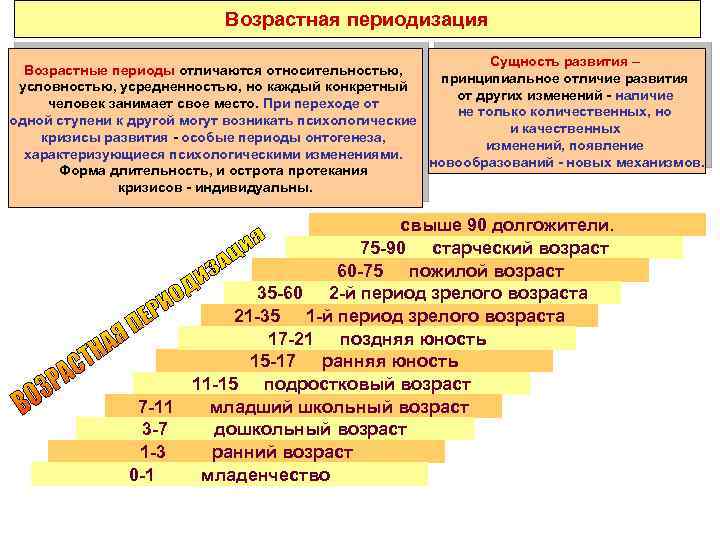 Возрастная периодизация Сущность развития – Возрастные периоды отличаются относительностью, принципиальное отличие развития условностью, усредненностью,