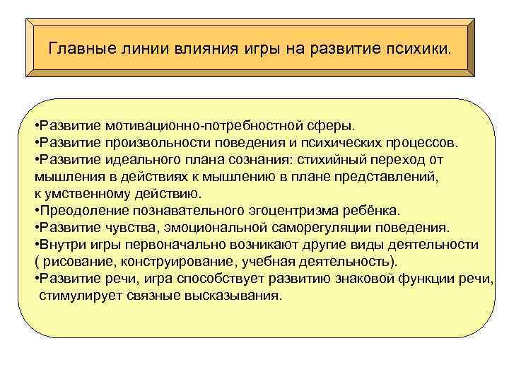 Главные линии влияния игры на развитие психики. • Развитие мотивационно-потребностной сферы. • Развитие произвольности