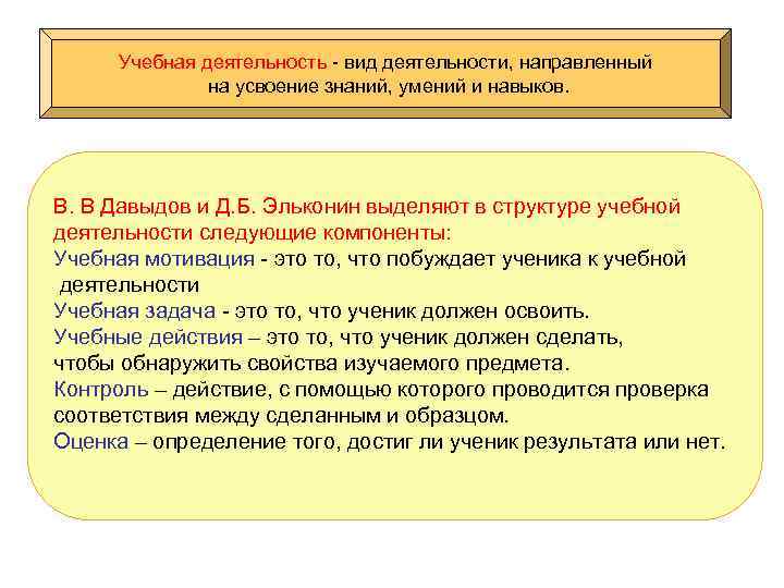 Учебная деятельность - вид деятельности, направленный на усвоение знаний, умений и навыков. В. В