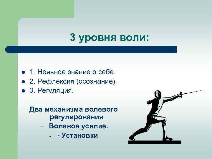 3 уровня воли: l l l 1. Неявное знание о себе. 2. Рефлексия (осознание).