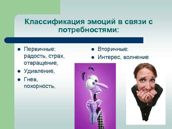 Классификация эмоций в связи с потребностями: l l l Первичные: радость, страх, отвращение, Удивление,