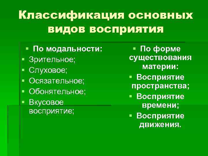 Классификация основных видов восприятия § По модальности: § Зрительное; § Слуховое; § Осязательное; §