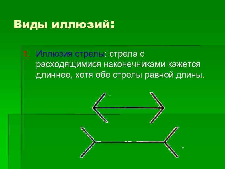 Виды иллюзий: 1. Иллюзия стрелы: стрела с расходящимися наконечниками кажется длиннее, хотя обе стрелы