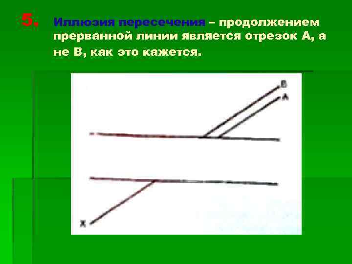 5. Иллюзия пересечения – продолжением прерванной линии является отрезок А, а не В, как