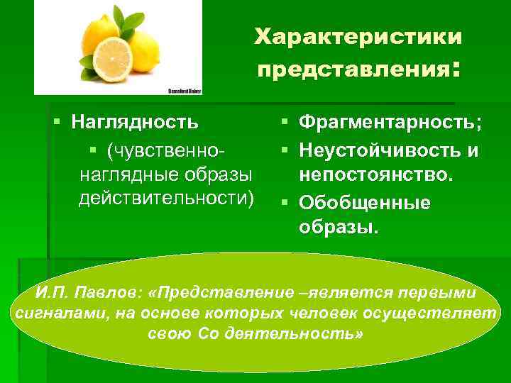 Характеристики представления: § Наглядность § (чувственнонаглядные образы действительности) § Фрагментарность; § Неустойчивость и непостоянство.