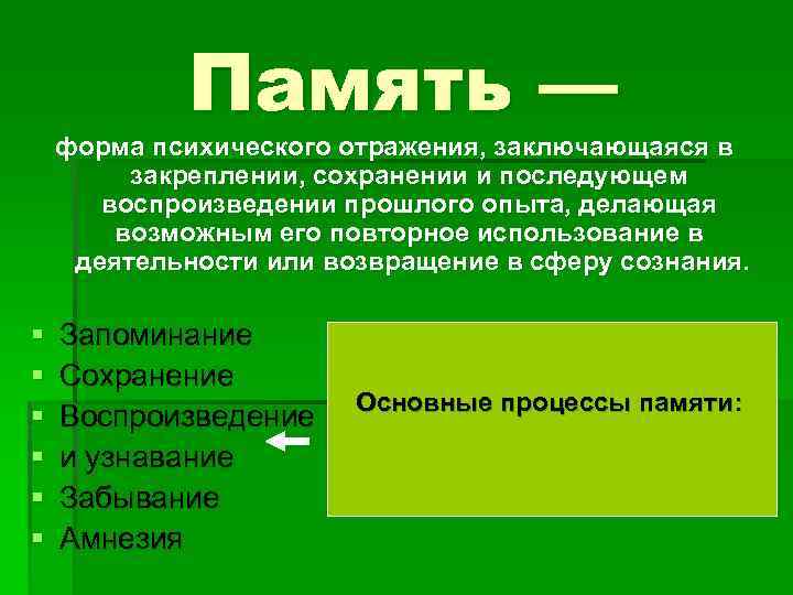 Память — форма психического отражения, заключающаяся в закреплении, сохранении и последующем воспроизведении прошлого опыта,