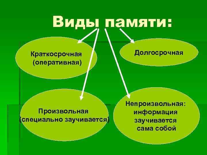 Виды памяти: Краткосрочная (оперативная) Произвольная (специально заучивается) Долгосрочная Непроизвольная: информация заучивается сама собой 