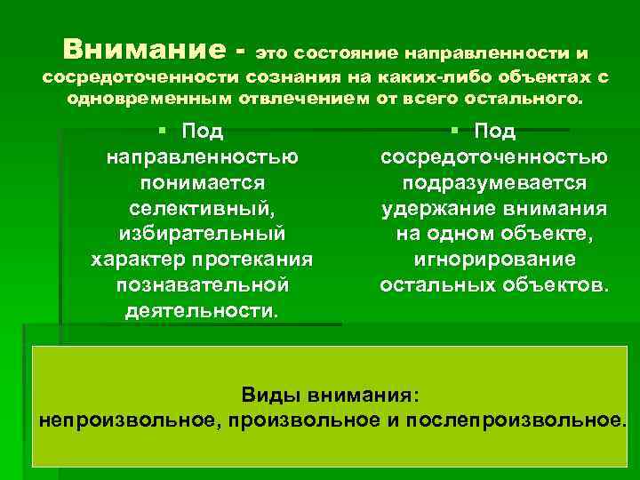 Внимание - это состояние направленности и сосредоточенности сознания на каких-либо объектах с одновременным отвлечением