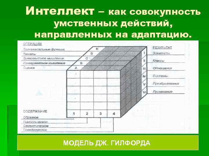 Интеллект – как совокупность умственных действий, направленных на адаптацию. МОДЕЛЬ ДЖ. ГИЛФОРДА 