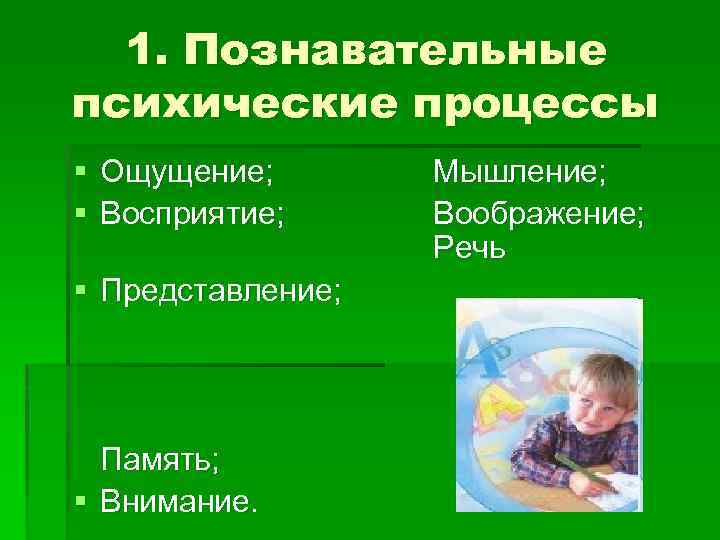 1. Познавательные психические процессы § Ощущение; § Восприятие; § Представление; Память; § Внимание. Мышление;