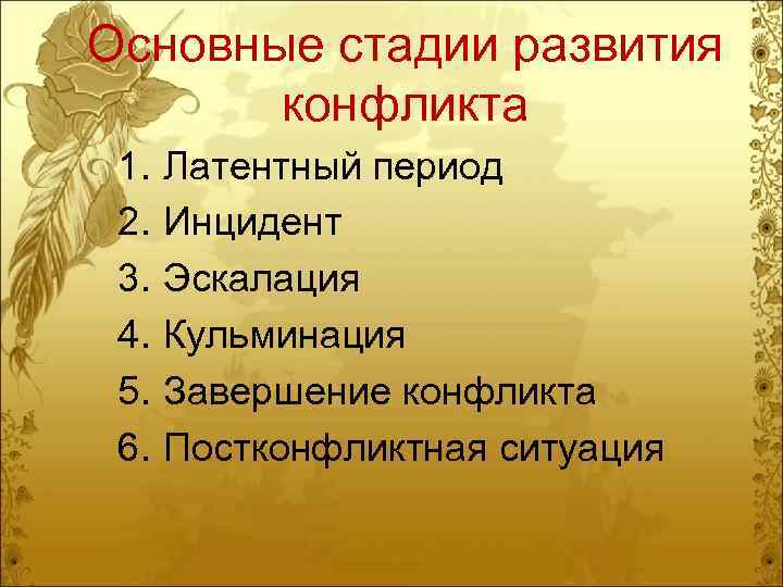 Основные стадии развития конфликта 1. 2. 3. 4. 5. 6. Латентный период Инцидент Эскалация
