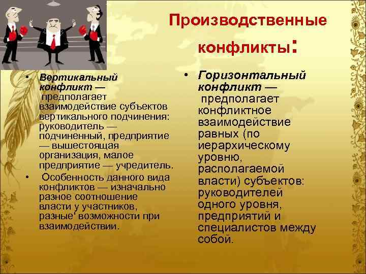 Производственные конфликты: • Горизонтальный • Вертикальный конфликт — предполагает взаимодействие субъектов конфликтное вертикального подчинения: