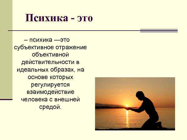 Психика - это – психика —это субъективное отражение объективной действительности в идеальных образах, на