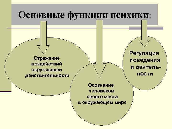Основные функции психики: Регуляция поведения и деятельности Отражение воздействий окружающей действительности Осознание человеком своего