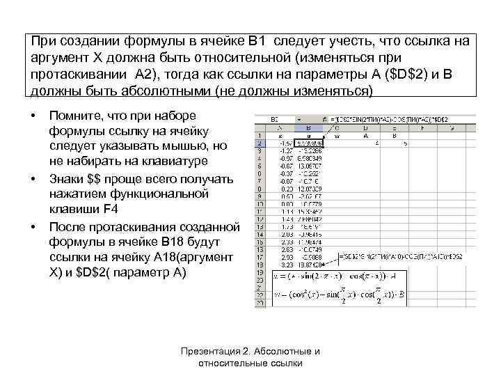 При создании формулы в ячейке В 1 следует учесть, что ссылка на аргумент Х