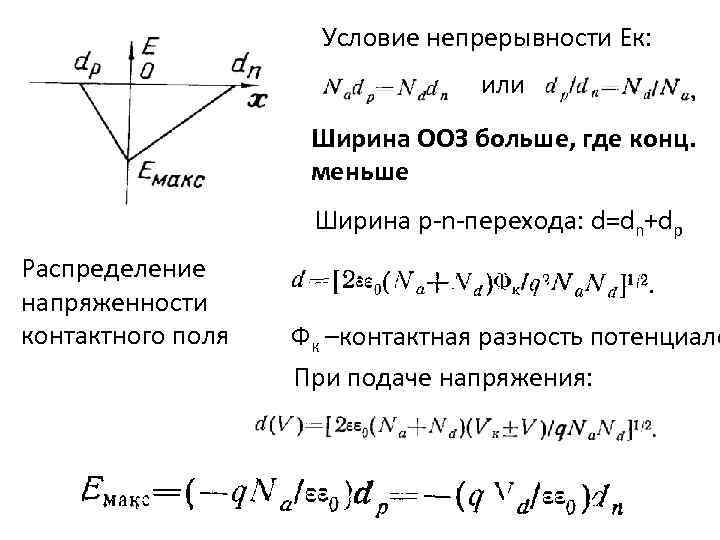 Условие непрерывности Ек: или Ширина ООЗ больше, где конц. меньше Ширина p-n-перехода: d=dn+dp Распределение