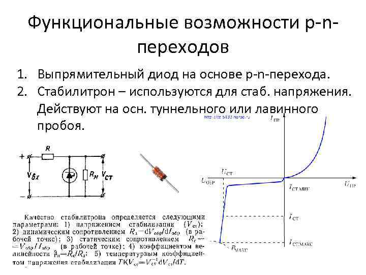 Функциональные возможности p-nпереходов 1. Выпрямительный диод на основе p-n-перехода. 2. Стабилитрон – используются для