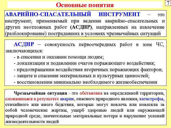 Основные понятия АВАРИЙНО-СПАСАТЕЛЬНЫЙ ИНСТРУМЕНТ – это инструмент, применяемый при ведении аварийно-спасательных и других неотложных