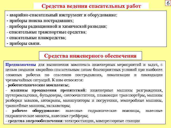 Средства ведения спасательных работ - аварийно-спасательный инструмент и оборудование; - приборы поиска пострадавших; -