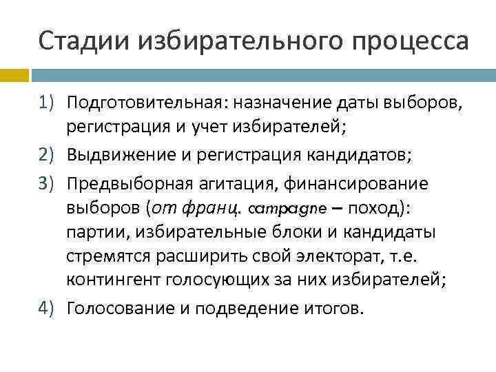 Стадии избирательного процесса 1) Подготовительная: назначение даты выборов, регистрация и учет избирателей; 2) Выдвижение