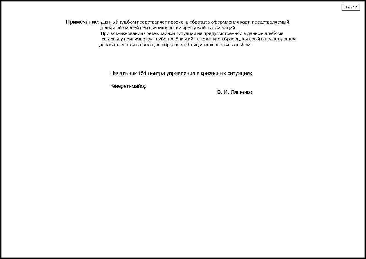 Лист 17 Примечание: Данный альбом представляет перечень образцов оформления карт, представляемый дежурной сменой при