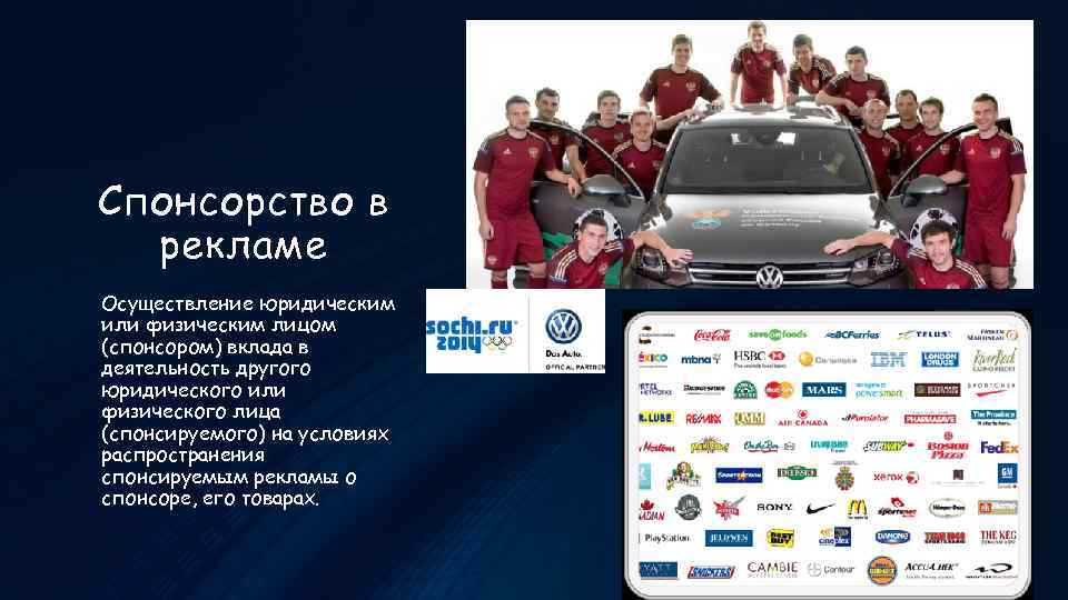 Спонсорство в рекламе Осуществление юридическим или физическим лицом (спонсором) вклада в деятельность другого юридического