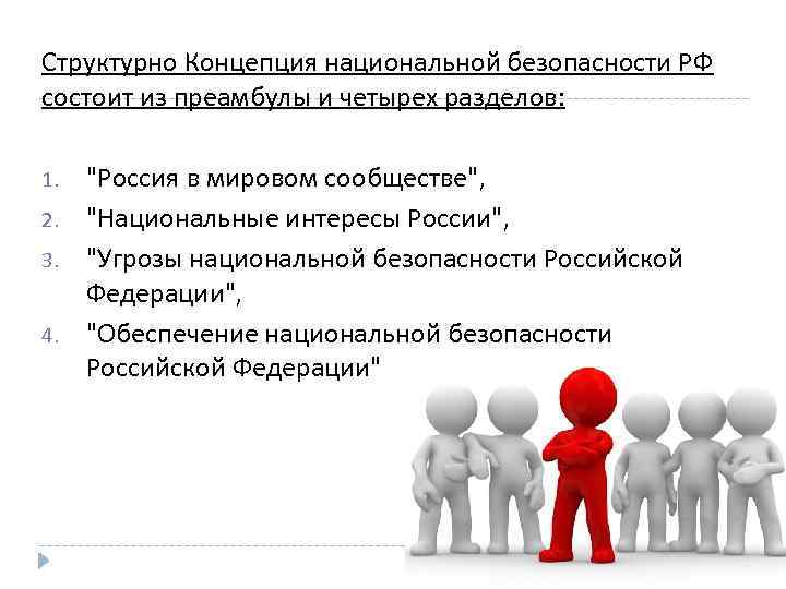 Структурно Концепция национальной безопасности РФ состоит из преамбулы и четырех разделов: 1. 2. 3.