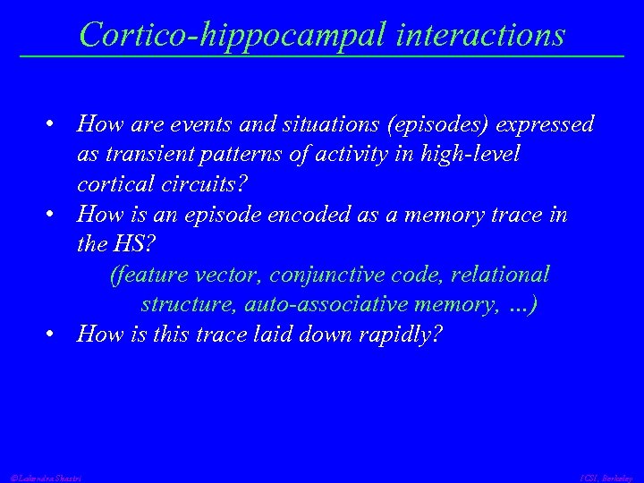 Cortico-hippocampal interactions • How are events and situations (episodes) expressed as transient patterns of