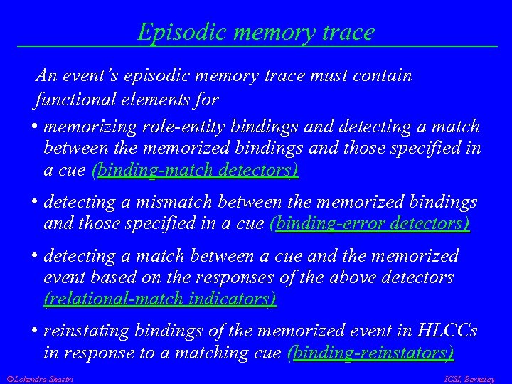 Episodic memory trace An event’s episodic memory trace must contain functional elements for •