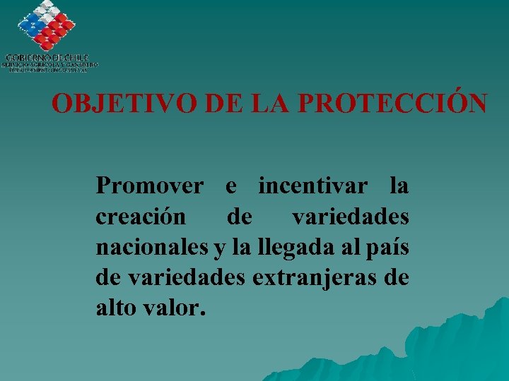 OBJETIVO DE LA PROTECCIÓN Promover e incentivar la creación de variedades nacionales y la