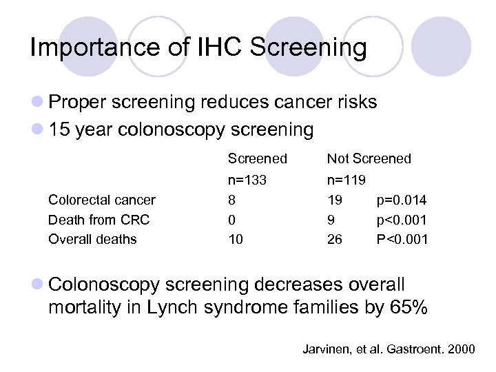 Importance of IHC Screening l Proper screening reduces cancer risks l 15 year colonoscopy