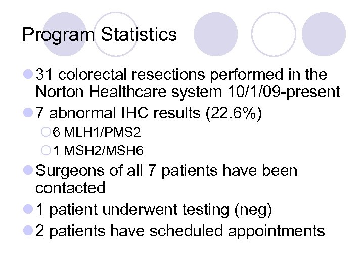 Program Statistics l 31 colorectal resections performed in the Norton Healthcare system 10/1/09 -present