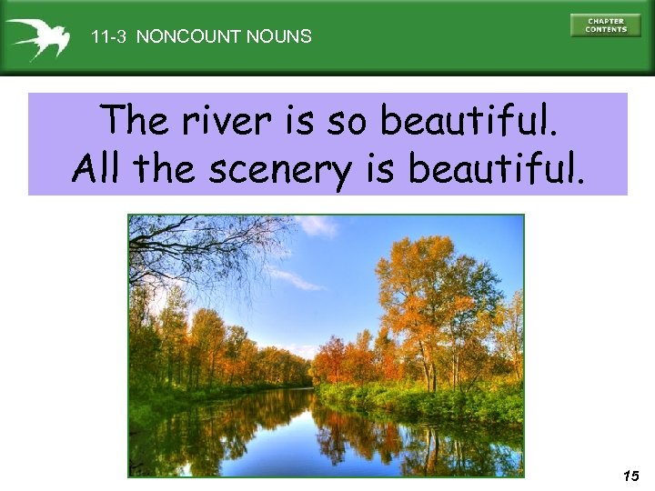 11 -3 NONCOUNT NOUNS The river is so beautiful. All the scenery is beautiful.