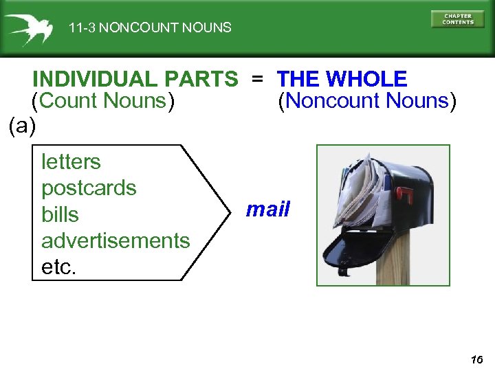 11 -3 NONCOUNT NOUNS INDIVIDUAL PARTS = THE WHOLE (Count Nouns) (Noncount Nouns) (a)