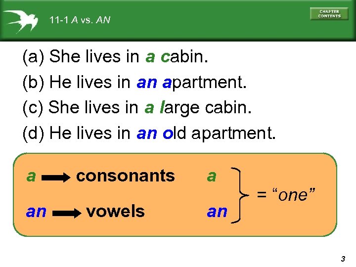 11 -1 A vs. AN (a) She lives in a cabin. (b) He lives