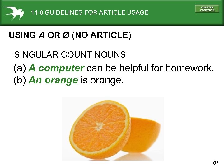 11 -8 GUIDELINES FOR ARTICLE USAGE USING A OR Ø (NO ARTICLE) SINGULAR COUNT