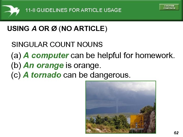 11 -8 GUIDELINES FOR ARTICLE USAGE USING A OR Ø (NO ARTICLE) SINGULAR COUNT