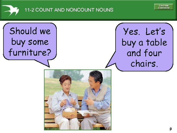 11 -2 COUNT AND NONCOUNT NOUNS Should we buy some furniture? Yes. Let’s buy